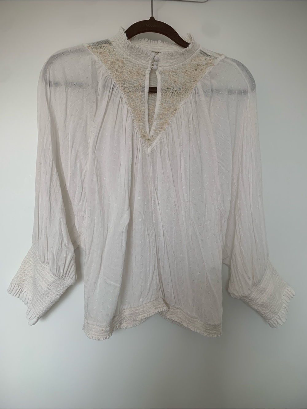 Anthropologie Bohemian White Lace-Trim Peasant Blouse